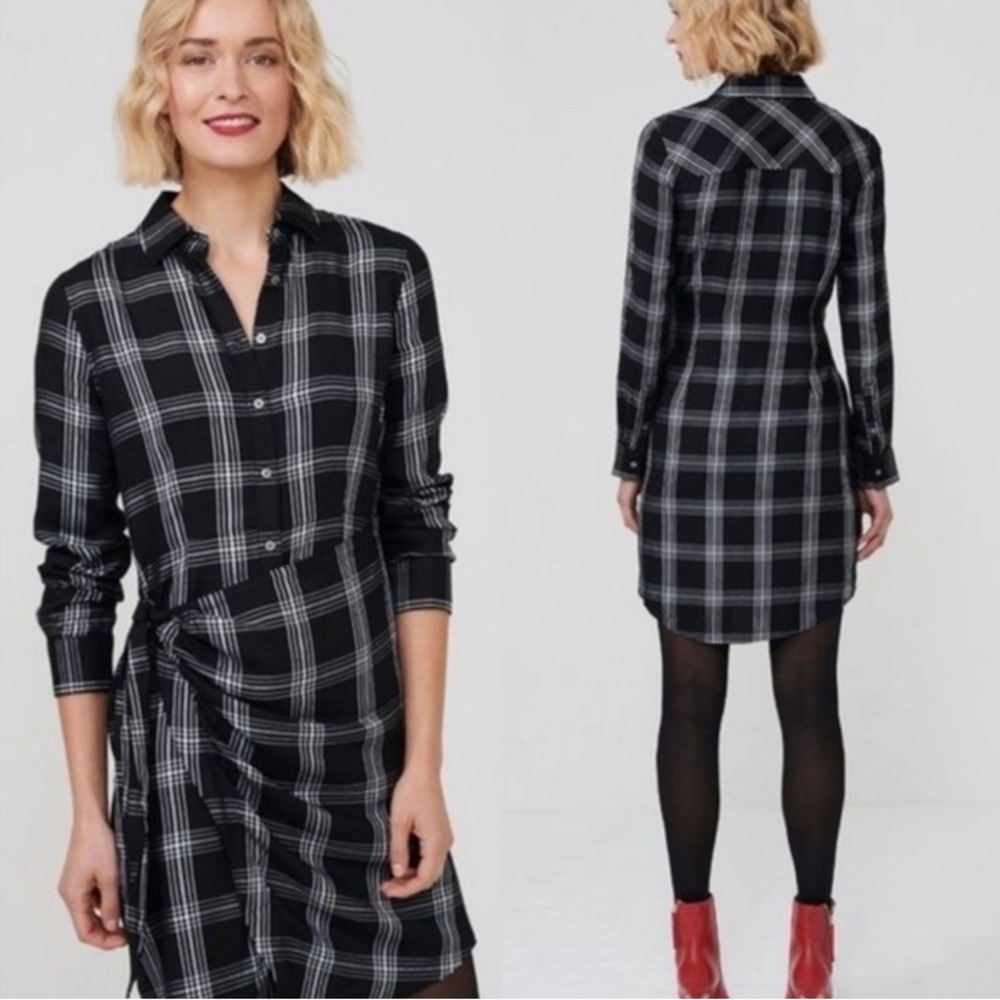 Untuckit Womens Plaid Tessa Shirt Dress Size 8 Black Wrap Skirt Long Sleeve